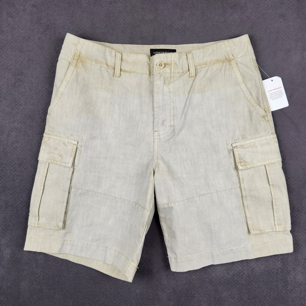 Lucky Brand Classic Cargo Shorts Mens 31 Khaki Tan Cotton Custom Dye 130115 NEW